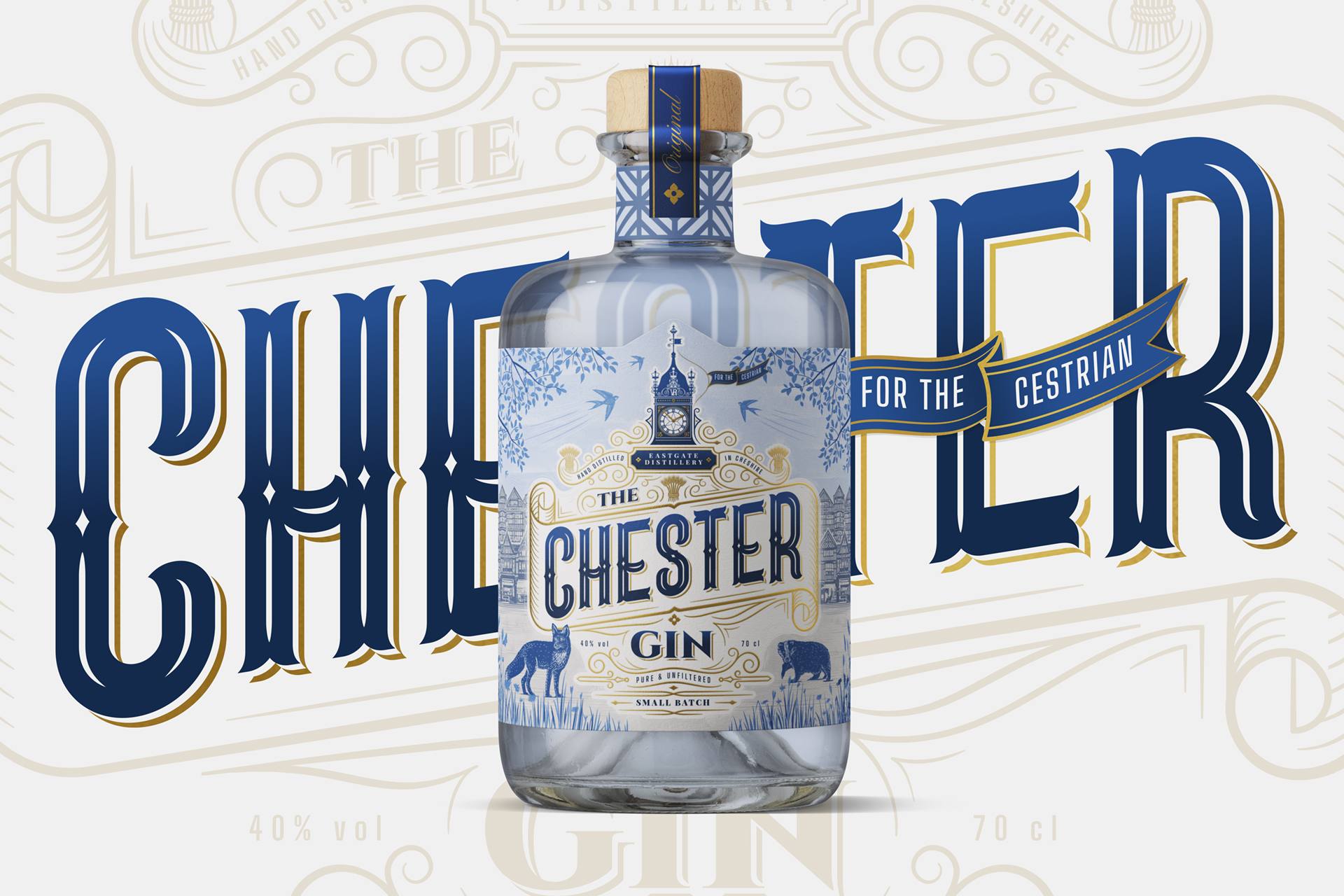 The Chester Gin Bottle Design Features Blue and Gold Hues with Intricate Details